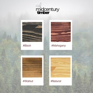 May include: Four wood samples showing different wood stains: black, mahogany, walnut, and natural. The samples are labeled with hashtags.