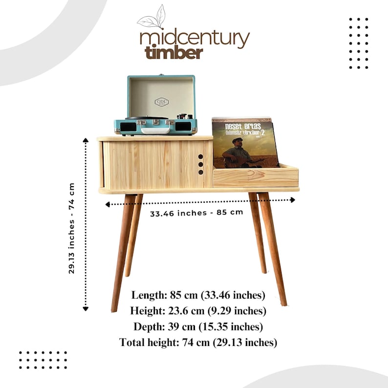 May include: A light wood record player stand with a light blue record player on top. The stand has a shelf for records and is 33.46 inches wide and 29.13 inches tall.