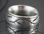 Pinstripe Thymes Ring Carved and Cast Solid Sterling Silver Wedding Ring with Vine - Leaves and Thorns -Comfort Fit and Custom Made to Size