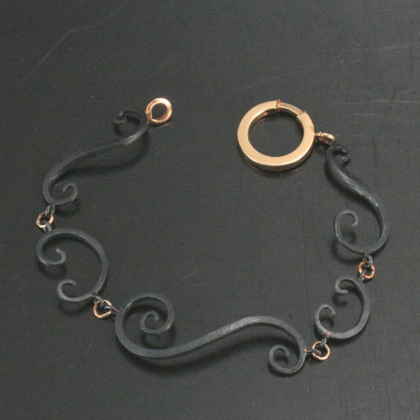 Ironwerx Favorite Scroll Bracelet with hand forged Oxidized Black Silver Swirls and 14K Gold Accents