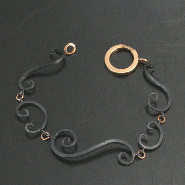 Ironwerx Favorite Scroll Bracelet with hand forged Oxidized Black Silver Swirls and 14K Gold Accents