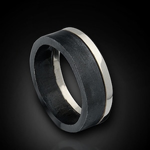 The Tuxedo Ring--Modern Urban Wedding Band in Black and White--14K White Gold with Black Silver Men&#39;s Band- High Fashion Jewelry