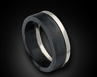 The Tuxedo Ring--Modern Urban Wedding Band in Black and White--14K White Gold with Black Silver Men's Band- High Fashion Jewelry