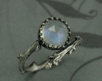 Frozen Inspired Ring Rose Cut Moonstone Ring Silver Branch Band Silver Twig Ring Crown Band Ice Princess Ring Norwegian Ice Queen Ring Elsa