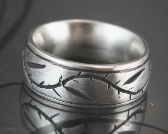 Pinstripe Thymes Ring--Carved and Cast Solid Sterling Silver Wedding Ring with Vine - Leaves and Thorns -Comfort Fit and Custom Made to Size