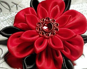 Red Kanzashi Flower Hair Clip, Kanzashi Hair Bow, Red and Black Kanzashi Flower Clip, Teen Hair Clip, Pretty Red Flower
