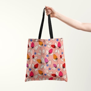 Colorful Strawberry Reusable Summer Tote, Minimalist Whimsical, Floral Shopping Bag, Modern Pink Accessory, Cheerful Botanical Gift