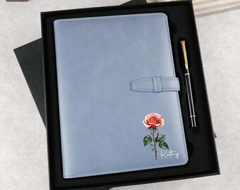 Personalized Leather Journal, Birth Month Flower Journal, Floral Notebook For Her, Birthday Gift Notebook, Travel Journal, Notebook And Pen