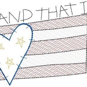 May include: A blue heart with yellow stars on a red, white, and blue striped background. The text "LAND THAT I LOVE" is written above the heart and flag.