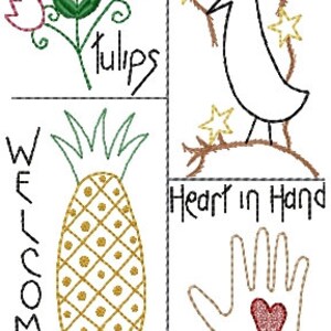 Puede incluir: Un conjunto de cuatro diseños bordados que representan una piña, un cuervo en una rama, una mano con un corazón y un ramo de tulipanes. Los diseños están bordados en varios colores, incluyendo verde, marrón, amarillo, rojo y blanco. El texto "WELCOME" está bordado verticalmente en el lado izquierdo del diseño de la piña. El texto "Crow" está bordado encima del diseño del cuervo. El texto "Heart in Hand" está bordado debajo del diseño de la mano. El texto "Tulips" está bordado debajo del diseño de los tulipanes.