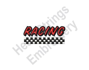 May include: Red "Racing" text with a black and white checkered flag design.