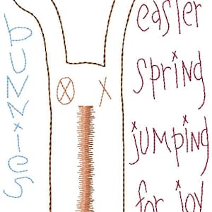 Easter Bunnies Jumping For Joy Primitive Redwork Machine Embroidery Design 5x7