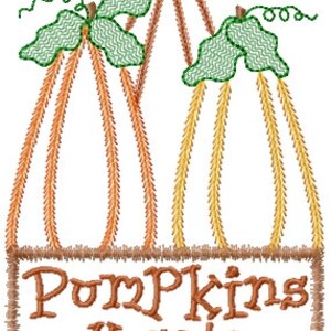 May include: An embroidered design featuring three pumpkins with green leaves and curly vines. The pumpkins are in shades of orange and yellow, with the text "Pumpkins 4 sale" in a brown, stitched font.