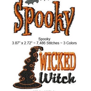 Könnte beinhalten: Zwei Stickmuster für Halloween. Das erste Muster ist das Wort "Spooky" in Orange mit einer schwarzen Fledermaus darüber. Das zweite Muster ist ein schwarzer Hexenhut mit den Worten "Wicked Witch" in Orange.