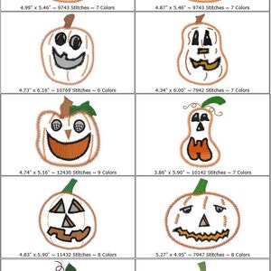 May include: Set of 10 embroidery designs featuring various pumpkin faces with different expressions. Each design includes stitch count and color information. The pumpkins are orange with green stems and white faces.