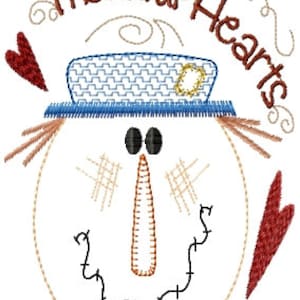 May include: Embroidered design of a smiling snowman with a blue hat and the text "Thankful Hearts".