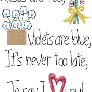 Roses Are Red Violets Are Blue...I Love You Poem Primitive Sampler Machine Embroidery Design 5x7