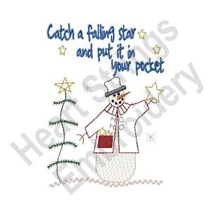 Peut inclure: Un bonhomme de neige portant un chapeau rouge et blanc et une écharpe rouge tient une étoile et une boîte-cadeau rouge. Le texte "Catch a falling star and put it in your pocket" est au-dessus du bonhomme de neige.