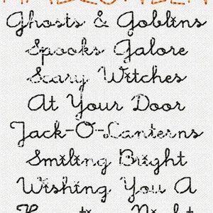 Pode incluir: Um fundo branco com texto preto que diz "HALLOWEEN Ghosts & Goblins Spooks Galore Scary Witches At Your Door Jack-O-Lanterns Smiling Bright Wishing You A Haunting Night" com seis estrelas douradas na parte inferior.