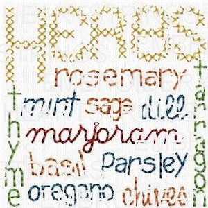 May include: A colorful word art design featuring the names of various herbs, including rosemary, mint, sage, dill, marjoram, basil, parsley, oregano, and chives.