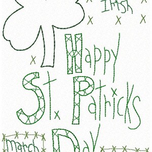 Puede incluir: Un trébol verde con un contorno verde, las palabras "Luck O the Irish" y "Happy St. Patricks Day" con un contorno verde, y las palabras "March 17th" y "Shamrocks" en cuadros verdes con un contorno verde.