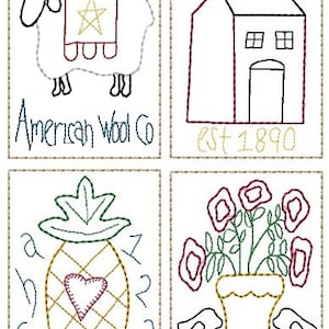 Könnte beinhalten: Vier Stickmuster im Vintage-Stil. Das erste Muster zeigt ein weißes Schaf mit einem rot-weiß-blauen Stern auf dem Rücken. Der Text darunter lautet "American Wool Co.". Das zweite Muster zeigt ein rotes Haus mit zwei Fenstern und einer Tür. Der Text darunter lautet "Est 1890". Das dritte Muster zeigt eine Ananas mit einem Herzen in der Mitte. Der Text um die Ananas herum lautet "a b c 1 2 3". Das vierte Muster zeigt einen Blumentopf mit zwei Vögeln auf jeder Seite.