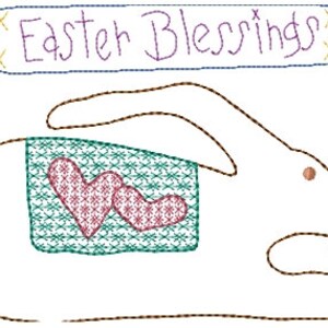 May include: An embroidered design featuring a white rabbit with a green patch and two pink hearts. Above the rabbit is a banner with the words "Easter Blessings" in purple. The design has a rustic, handmade aesthetic.