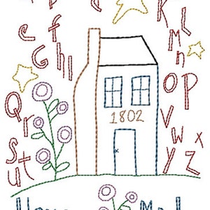 Home Made Alphabet Saltbox Sampler Redwork Primitive Machine Embroidery Design 5x7