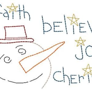 Faith Believe Joy Cherish Snowman Primitive Sampler Redwork Machine Embroidery Design 5x7