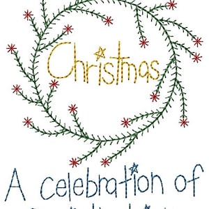 May include: A gold embroidered Christmas wreath with red stars and the text "Christmas A celebration of Christ's Birth".