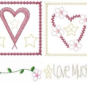 May include: A digital embroidery design featuring a pink heart with stars and a vine with flowers. The text "Love Much" is also included in the design.