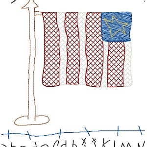 May include: A hand-drawn illustration of an American flag on a pole with the text "Bless our nation" above it. The flag is red, white, and blue with a single star in the blue canton. The alphabet is written below the flag.