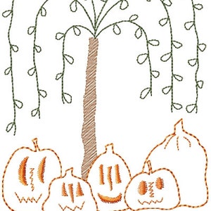 Pumpkins Under The Willow Tree Primitive Sampler Machine Embroidery Design 5x7