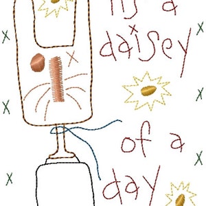 Può includere: Un'illustrazione fantasiosa di un coniglio marrone con un nastro blu intorno al collo. Il coniglio è in piedi su un piedistallo bianco. Il testo "it's a daisy of a day" è scritto in corsivo rosso.