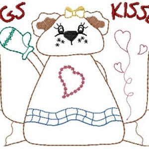 Puede incluir: Un oso de dibujos animados blanco con orejas y cola marrones que lleva una falda a cuadros azules y blancos y un corazón rojo en el pecho. El oso tiene una manopla verde en su brazo derecho y un lazo amarillo en la cabeza. Las palabras "HUGS" y "KISSES" están escritas en rojo a ambos lados del oso.