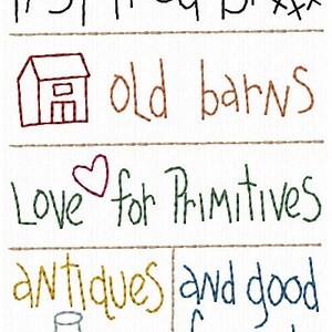 Peut inclure: Illustration dessinée à la main avec le texte "Inspiré par... de vieilles granges, l'amour des objets primitifs, des antiquités et de bons amis". L'illustration comprend également un dessin d'une grange et d'un cœur.