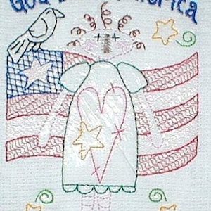 May include: Embroidered white kitchen towel with a red, white, and blue American flag, a bird, a heart, and stars. The text "God Bless America" is stitched in blue thread at the top.