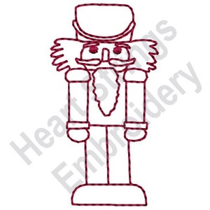 Pode incluir: Um desenho de linha de um quebra-nozes em vermelho. O quebra-nozes está usando um chapéu e tem um bigode e uma barba.