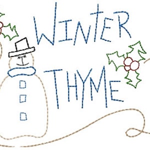 May include: A brown snowman with a blue scarf and hat, surrounded by green holly with red berries. The text "WINTER THYME" is written in blue.