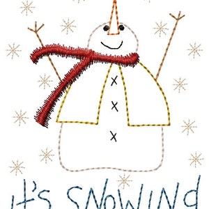 May include: A simple cartoon snowman with a red scarf and three black buttons, with the text "It's Snowing" written below. The background is white with small brown snowflakes.