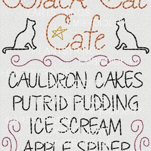 Black Cat Cafe Menu Primitive Hand Stitchery Halloween Embroidery Prim Pattern Doodle Embroidery Design