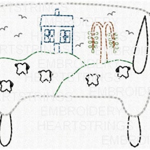 Puede incluir: Una oveja blanca con patas negras y una nariz negra. La oveja está de pie en un campo verde con una pequeña casa, un árbol y algunas aves en el fondo.