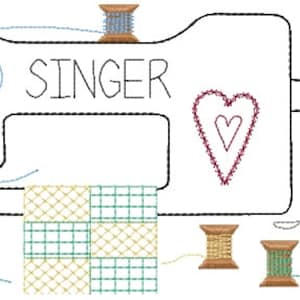 Singer Antique Sewing Machine Primitive Redwork Sampler Machine Embroidery Design 5x7