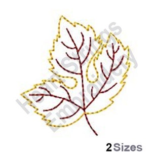 May include: A stylized embroidery design of a single leaf with a brown stem and veins, outlined in gold.