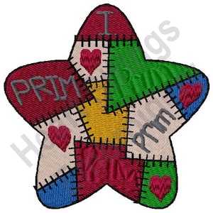 Puede incluir: Una estrella de retazos roja, verde, azul, amarilla y beige con las palabras "Me encanta Prim" y corazones.