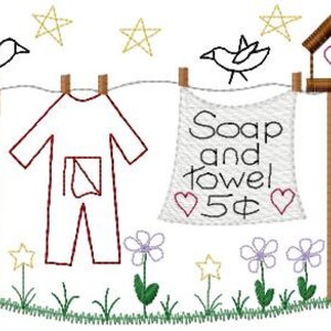 Peut inclure: Une illustration dessinée à la main d'une corde à linge avec une grenouillère rouge, une serviette blanche avec le texte "Soap and towel 5¢", et un nichoir à oiseaux avec un cœur sur le côté. Il y a des étoiles, des fleurs et des oiseaux en arrière-plan.