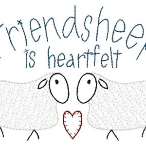 May include: Two white sheep with black eyes and noses are facing each other. They are holding a red heart between them. The text "Friendsheep is heartfelt" is above the sheep. There are two red hearts on either side of the text.
