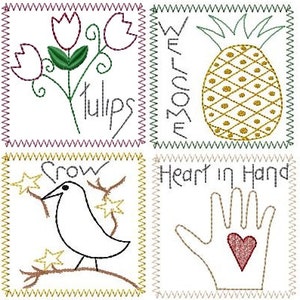Puede incluir: Cuatro cuadrados bordados con diferentes diseños. El primer cuadrado tiene un diseño de tulipanes rosa y verde con la palabra "Tulips" bordada debajo. El segundo cuadrado tiene la palabra "Welcome" bordada verticalmente. El tercer cuadrado tiene un cuervo blanco y negro en una rama con estrellas. El cuarto cuadrado tiene una mano con un corazón en la palma y las palabras "Heart in Hand" arriba.