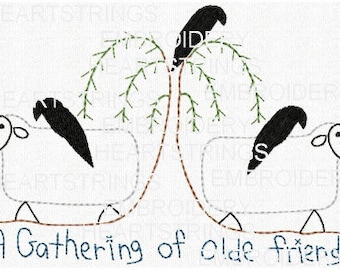 Gathering of Old Friends Prim Sheep Crow Willow Hand Stitchery Embroidery Pimitive Pattern Doodle Embroidery Design