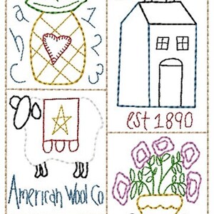 Puede incluir: Un diseño de bordado de estilo vintage que presenta una piña, una casa, una oveja, una maceta con flores y tres estrellas. El diseño incluye el texto "American Wool Co" y "est 1890".
